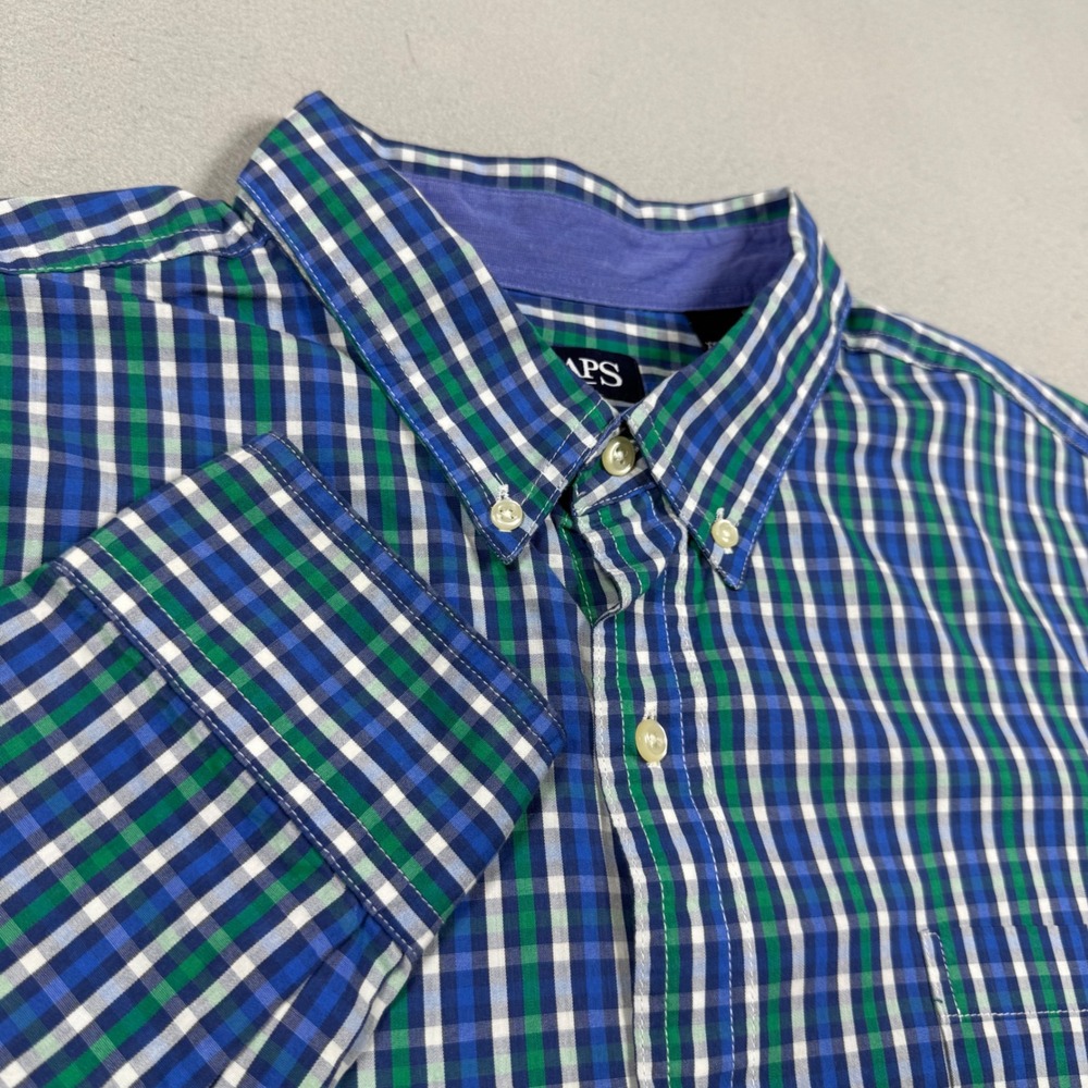 Chaps Mens Stretch Easy Care Plaid Button Down Shirt Blue Green XXL